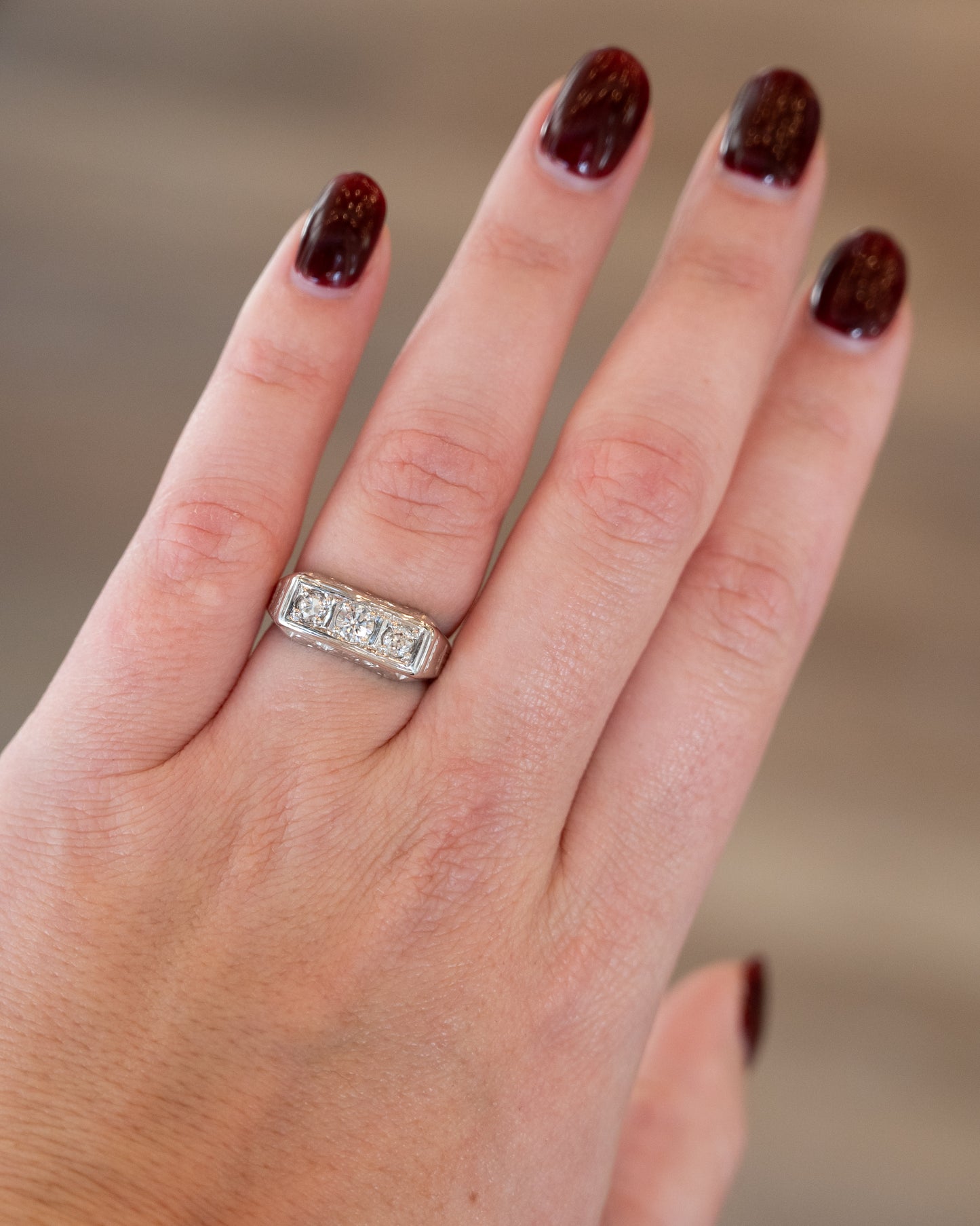 .63 Vintage Deco Three Stone Engagement Ring 18k