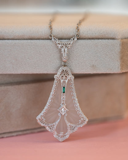 Antique Art Deco Camphor Glass Pendant 14k White Gold