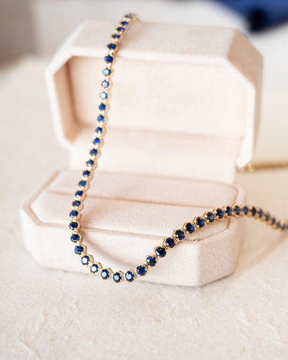 15 Carat Blue Sapphire Tennis Necklace 14k Yellow Gold