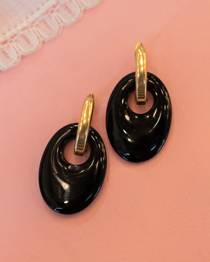 Carved Black Onyx Dangle Earrings 14k Yellow Gold
