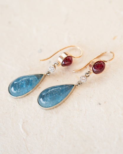 21.94 Aquamarine, Ruby, Diamond Dangle Earrings 14k