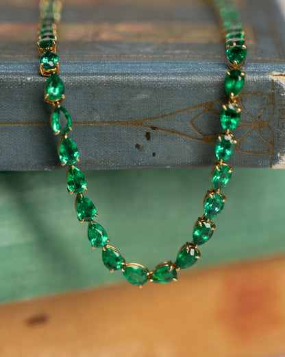 26.59 Pear Cut Emerald Tennis Necklace 18k Yellow Gold