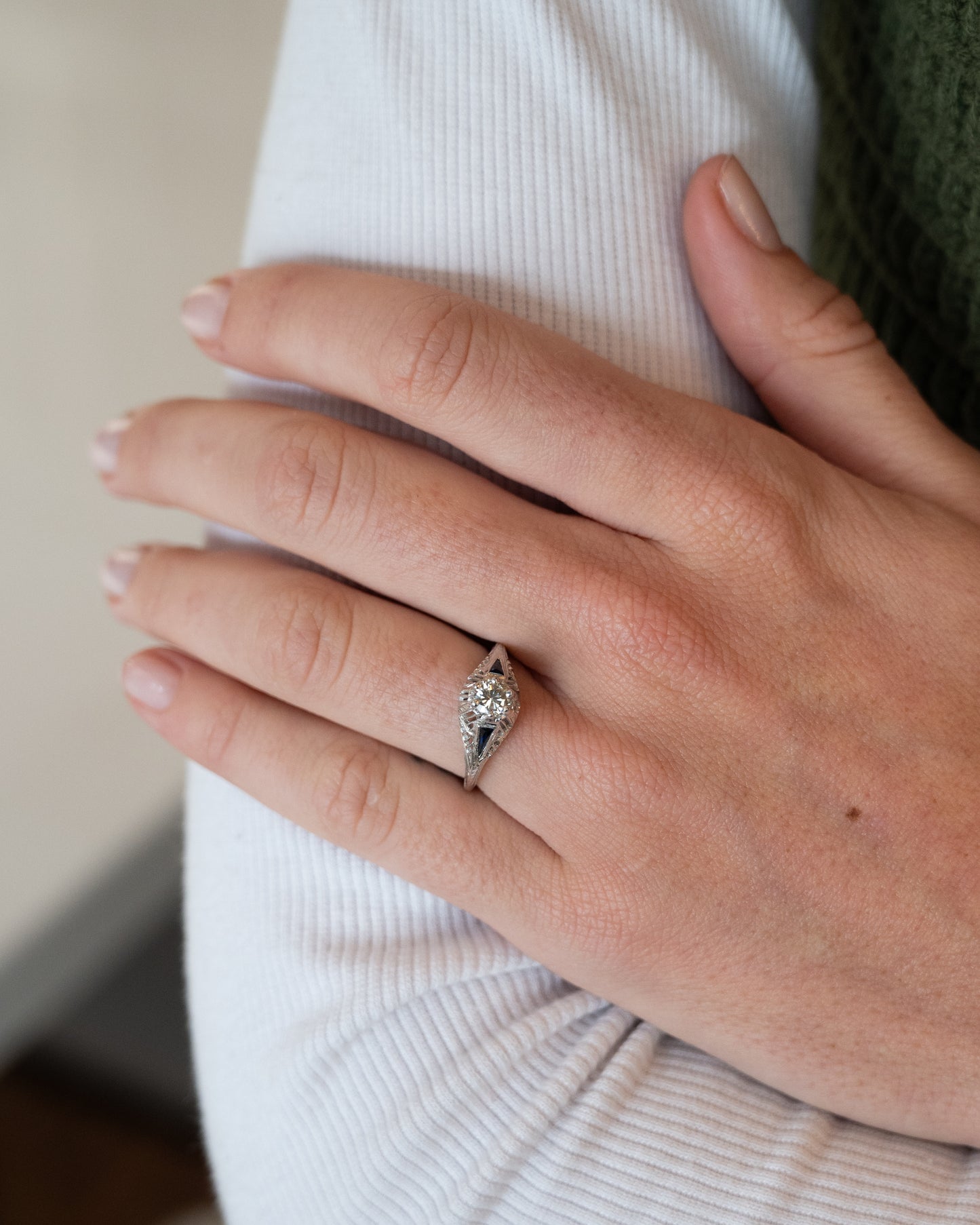 .45 Vintage Art Deco Diamond Sapphire Engagement Ring 18k