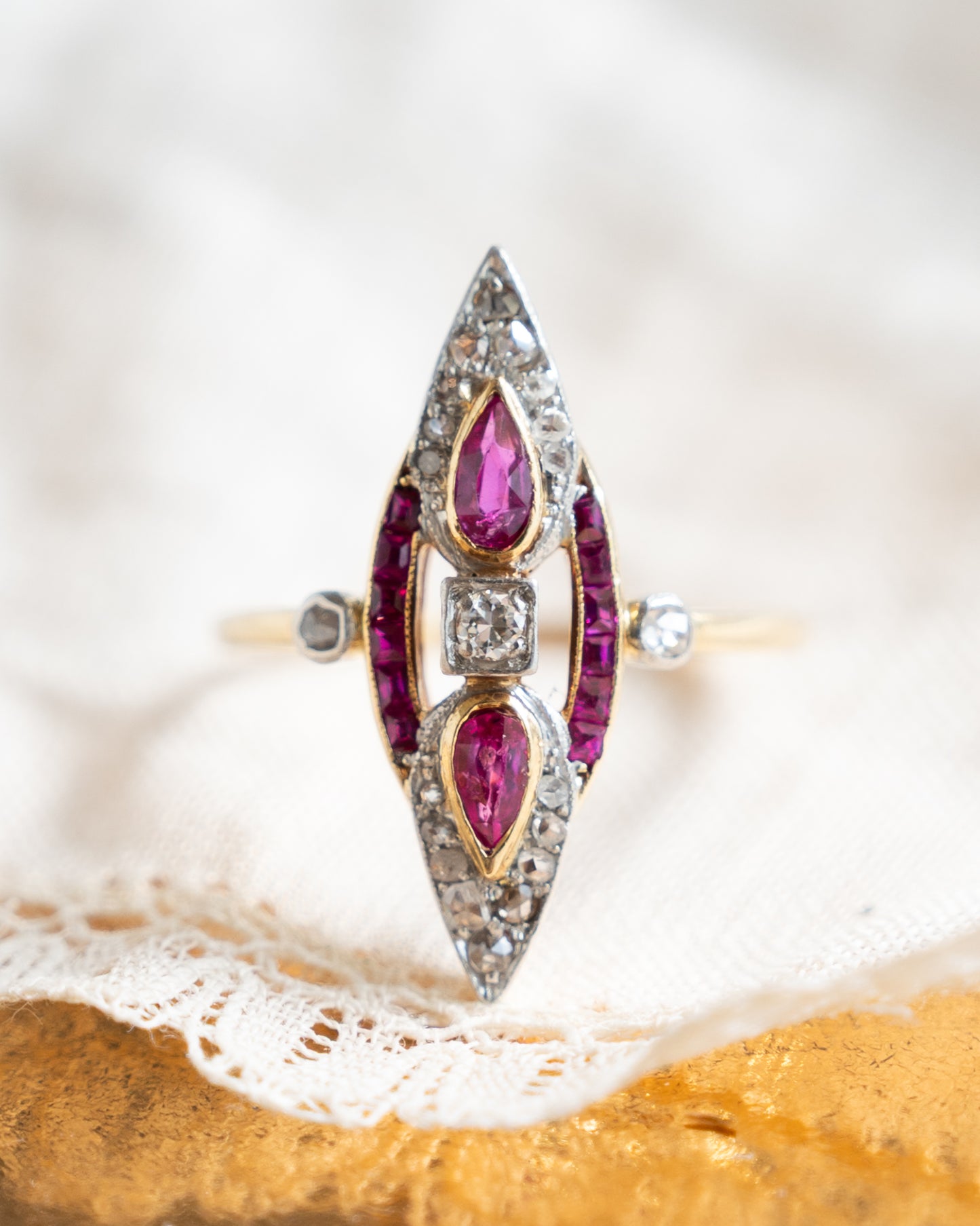 Antique Edwardian Ruby & Diamond Navette Ring 18k/Platinum