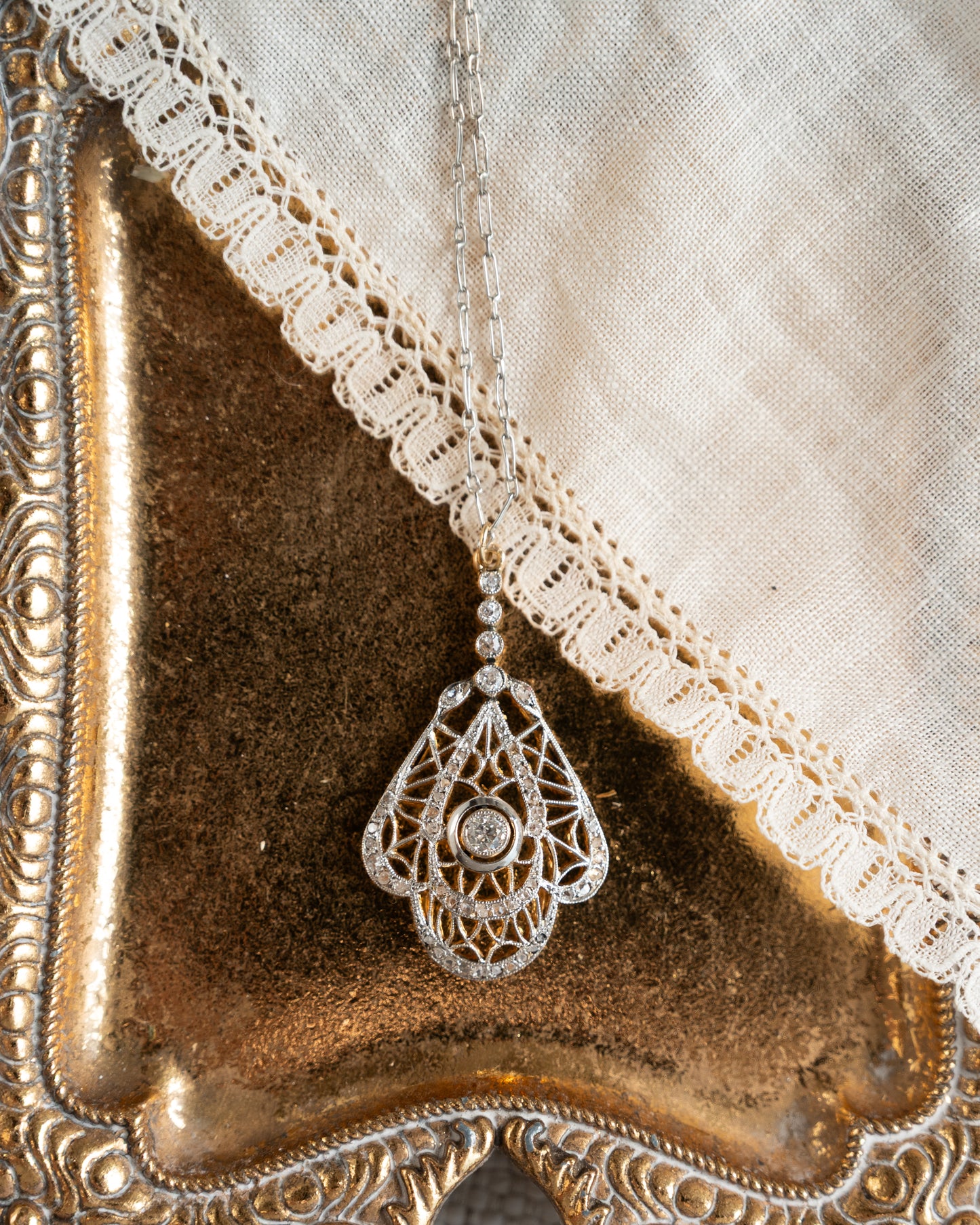 .46 Antique Edwardian Diamond Pendant Necklace Platinum