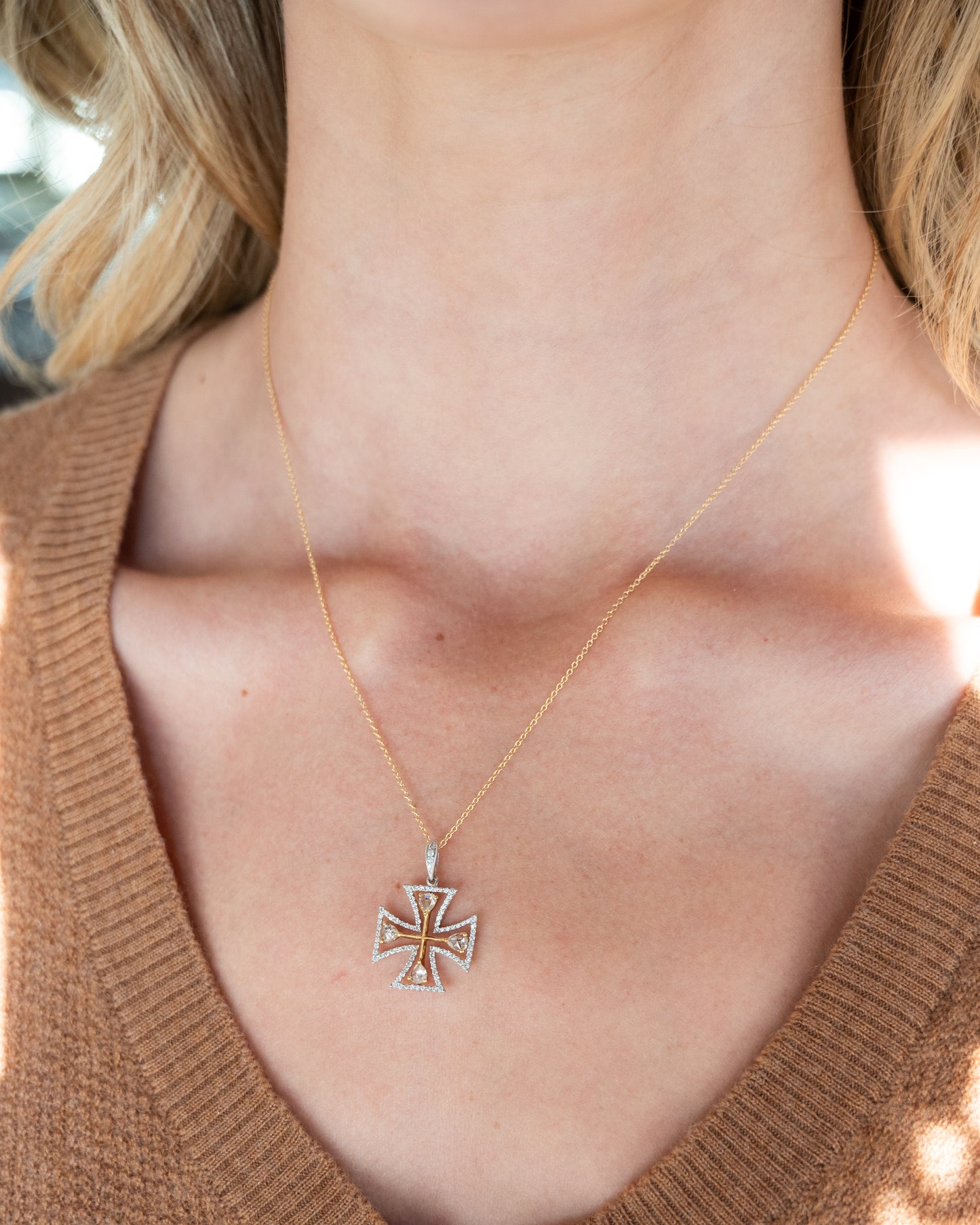 .83 Diamond Cross Pendant Necklace Two-Tone 18k