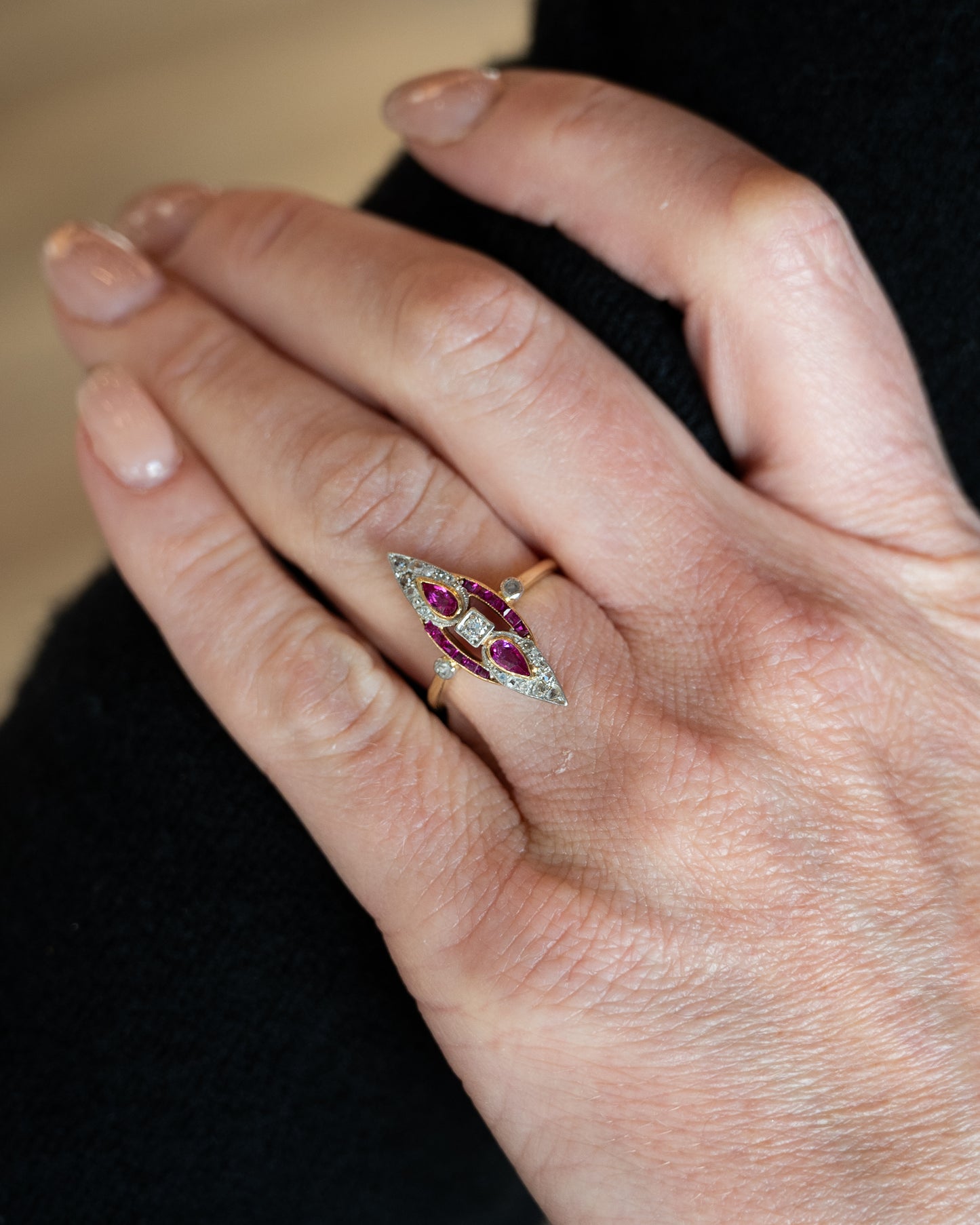Antique Edwardian Ruby & Diamond Navette Ring 18k/Platinum