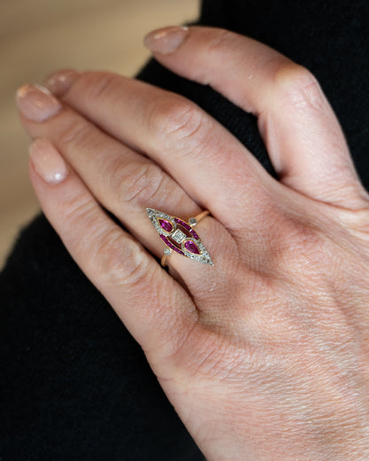 Antique Edwardian Ruby & Diamond Navette Ring 18k/Platinum