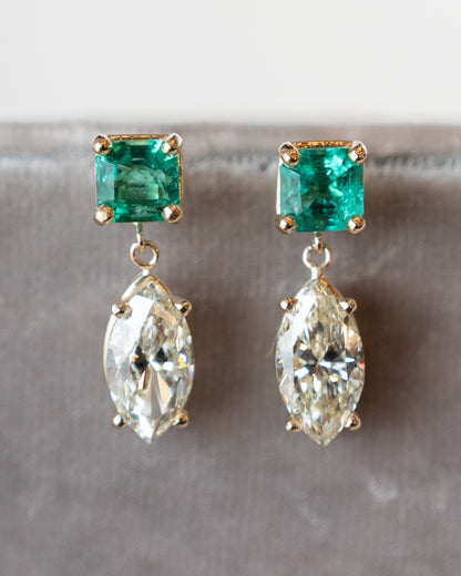 3.02 Marquise & Emerald Drop Earrings in 14k Yellow Gold