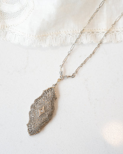 .01 Antique Deco Diamond Filigree Pendant in 10k