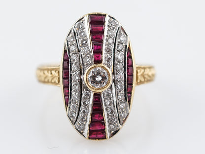 Victorian Inspired Retro Cocktail Ring .14 Round Brilliant Cut Diamond & Ruby in 18k Yellow & White Gold
