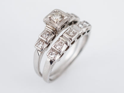 Antique Engagement Ring and Wedding Band Art Deco .20 Round Brilliant Cut Diamond in 14k White Gold