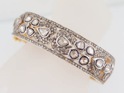 Antique Style 12.42 cttw Wide Rose Cut Diamond Bangle Cuff Bracelet in 14kt Yellow Gold and Sterling Silver