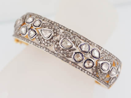 Antique Style 12.42 cttw Wide Rose Cut Diamond Bangle Cuff Bracelet in 14kt Yellow Gold and Sterling Silver