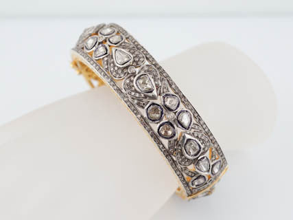 Antique Style 12.42 cttw Wide Rose Cut Diamond Bangle Cuff Bracelet in 14kt Yellow Gold and Sterling Silver