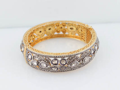 Antique Style 12.42 cttw Wide Rose Cut Diamond Bangle Cuff Bracelet in 14kt Yellow Gold and Sterling Silver