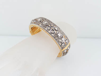 Antique Style 12.42 cttw Wide Rose Cut Diamond Bangle Cuff Bracelet in 14kt Yellow Gold and Sterling Silver