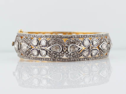 Antique Style 12.42 cttw Wide Rose Cut Diamond Bangle Cuff Bracelet in 14kt Yellow Gold and Sterling Silver