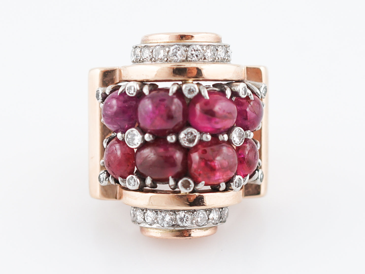 Mid Century Retro 9.57 Ruby Cocktail Ring With Round Brilliant Diamonds in 14k Rose Gold