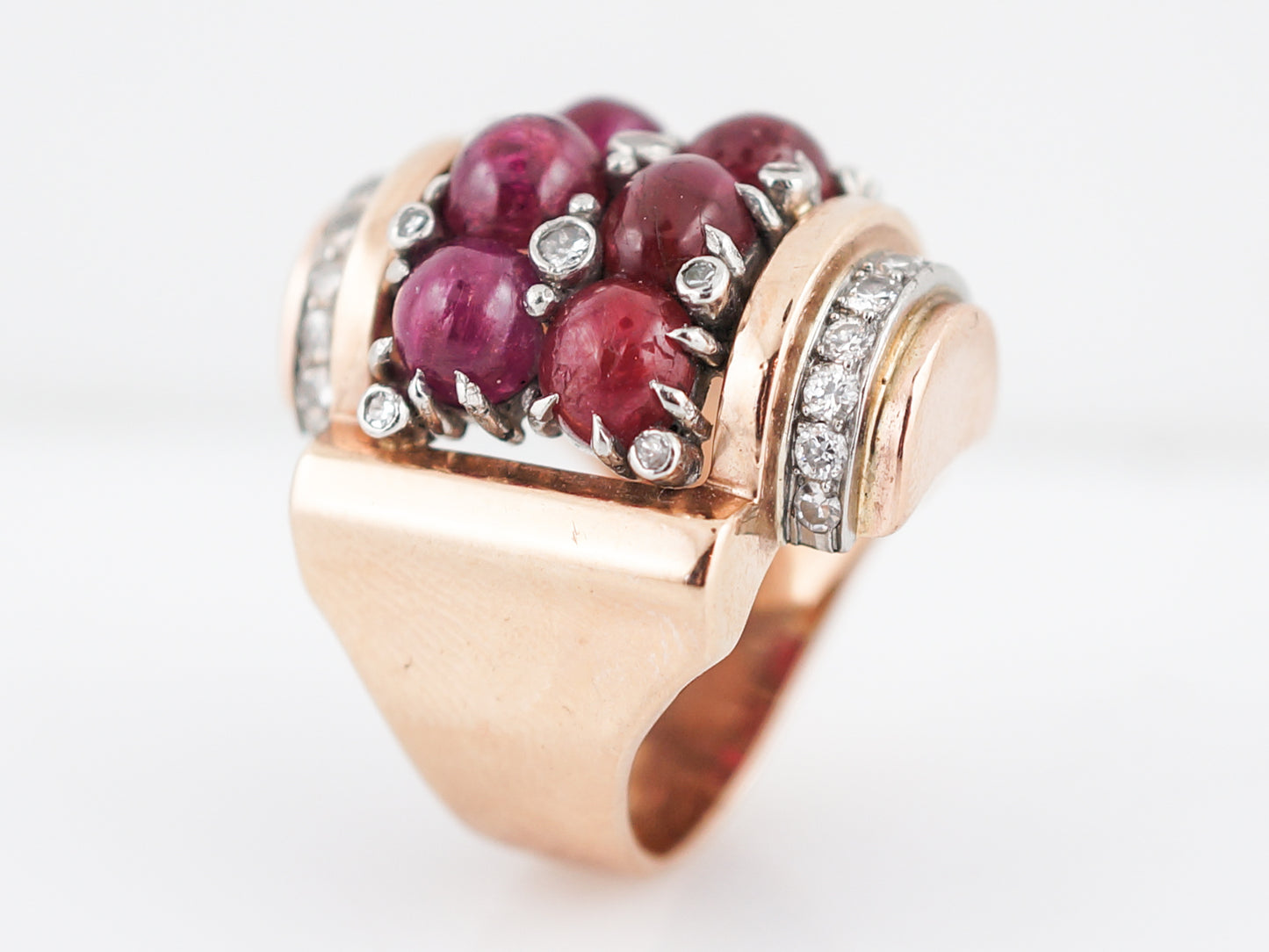 Mid Century Retro 9.57 Ruby Cocktail Ring With Round Brilliant Diamonds in 14k Rose Gold