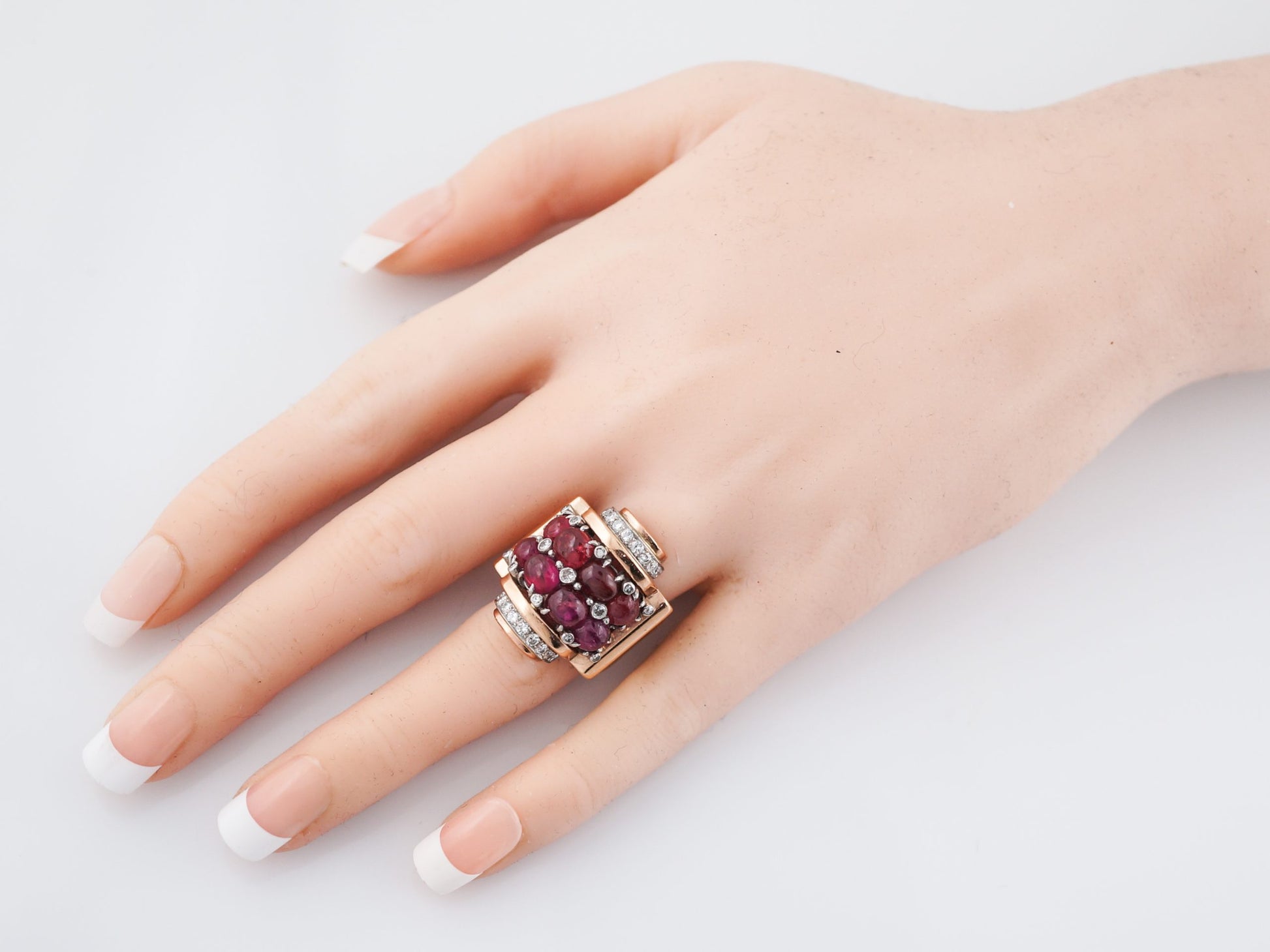 Mid Century Retro 9.57 Ruby Cocktail Ring With Round Brilliant Diamonds in 14k Rose Gold