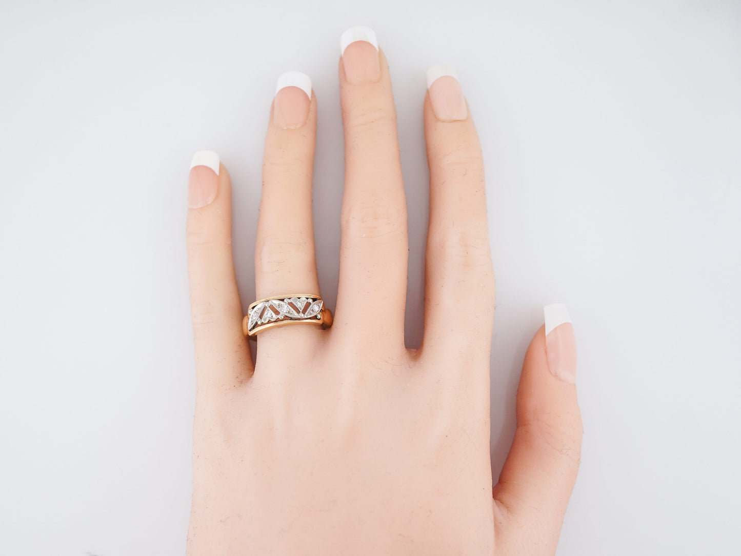 Vintage Right Hand Ring Mid-Century .05 Round Brilliant Cut Diamonds in 14K Yellow & White Gold