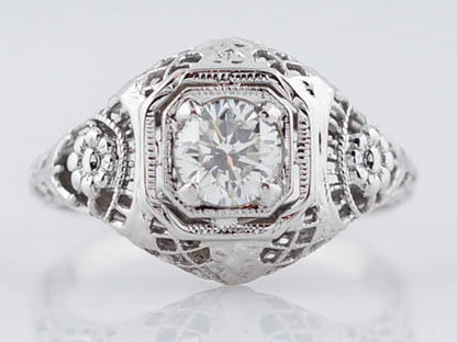 Antique Engagement Ring Art Deco .50 ct Round Brilliant Diamond in 18k White Gold