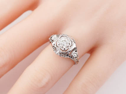 Antique Engagement Ring Art Deco .50 ct Round Brilliant Diamond in 18k White Gold