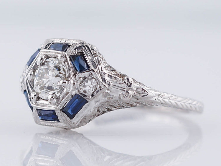 Antique Engagement Ring Art Deco .51ct Old European Cut Diamond in 18k White Gold