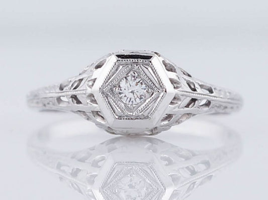 Antique Engagement Ring Art Deco .13ct Transitional Cut Diamond in 18k White Gold