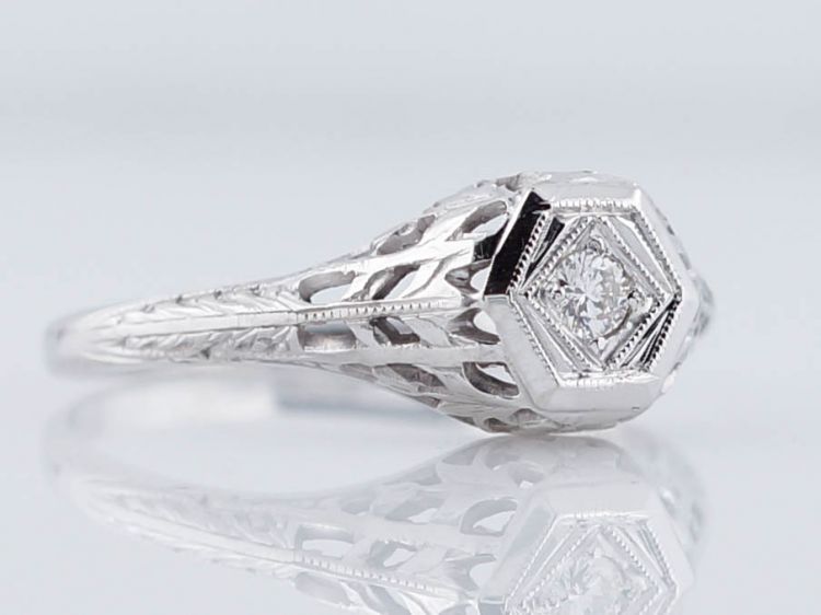 Antique Engagement Ring Art Deco .13ct Transitional Cut Diamond in 18k White Gold