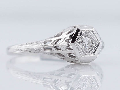Antique Engagement Ring Art Deco .13ct Transitional Cut Diamond in 18k White Gold