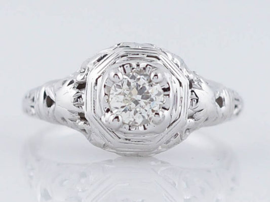 Mine Cut Art Deco Diamond Filigree Engagement Ring in 18k