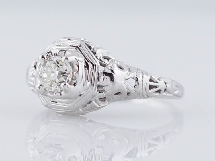 Mine Cut Art Deco Diamond Filigree Engagement Ring in 18k