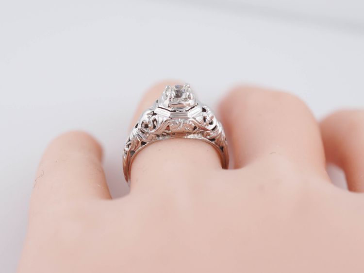 Mine Cut Art Deco Diamond Filigree Engagement Ring in 18k