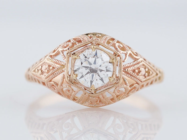 Engagement Ring Modern Antique Style .45ct Round Brilliant Diamond in 14k Rose Gold