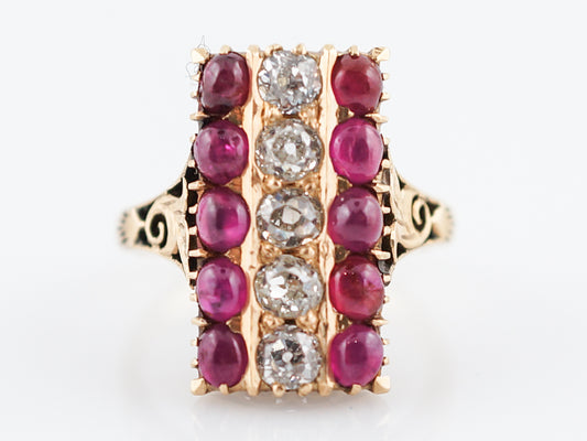 Vintage Cocktail Ring Retro 1.03 Old European Cut Diamond & Cabochon Cut Ruby in 18k Yellow Gold