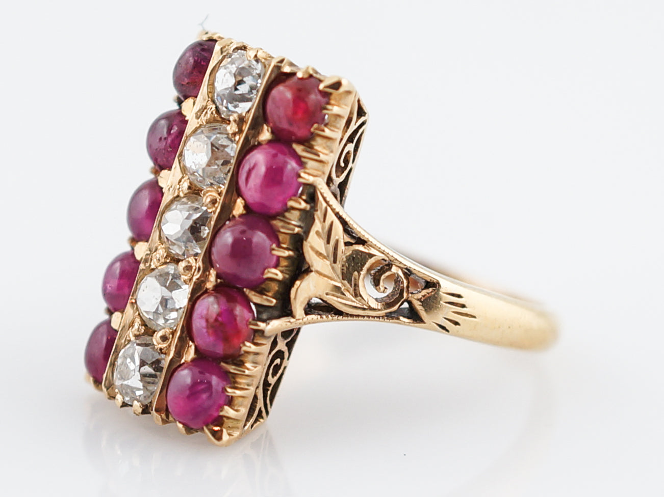 Vintage Cocktail Ring Retro 1.03 Old European Cut Diamond & Cabochon Cut Ruby in 18k Yellow Gold