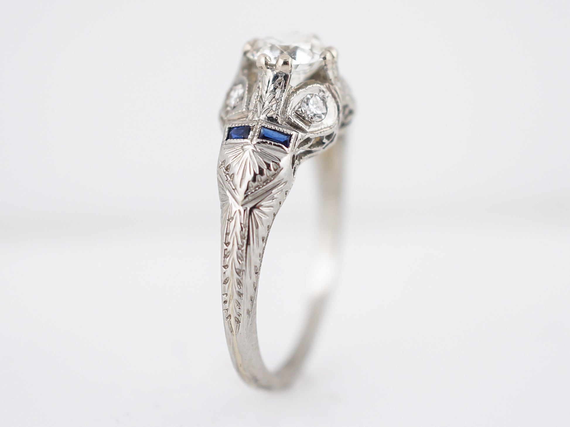 Engraved 1920s Diamond & Sapphire Engagement Ring