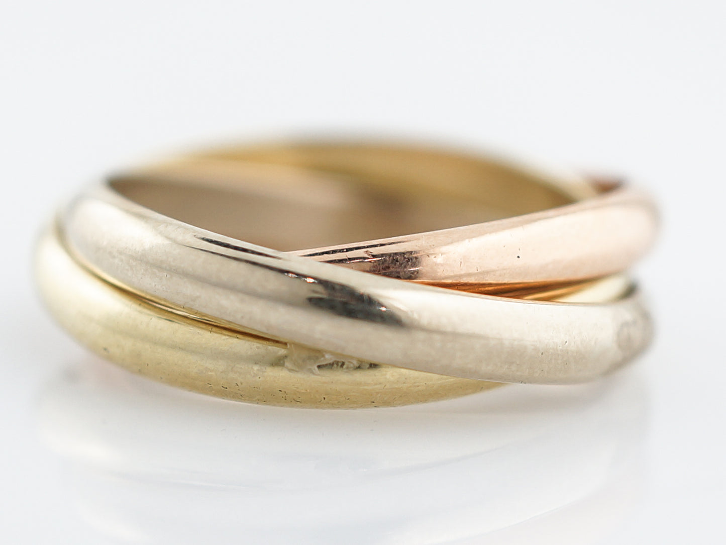 Modern Trinity Roll Ring in 14k Yellow, White & Rose Gold
