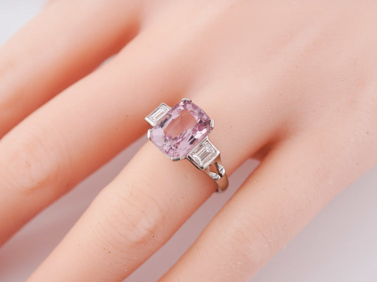 Mid-Century Cocktail Ring 4.00 Cushion Cut Pink Spinel in 14k White GoldComposition: Platinum Total Diamond Weight: .36ct Total Gram Weight: 2.60 g