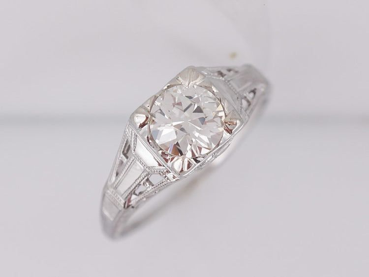 Antique Engagement Ring Art Deco .79 ct Old European Cut Diamond in 18K White Gold