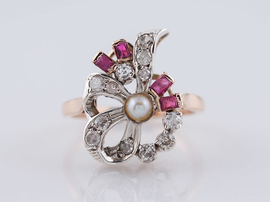 Vintage Right Hand Ring Retro .22ct Single Cut Diamond Ruby & Pearl in 14k Rose Gold