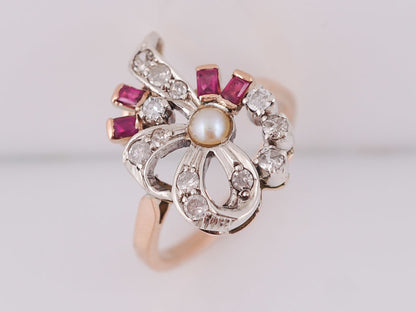Vintage Right Hand Ring Retro .22ct Single Cut Diamond Ruby & Pearl in 14k Rose Gold