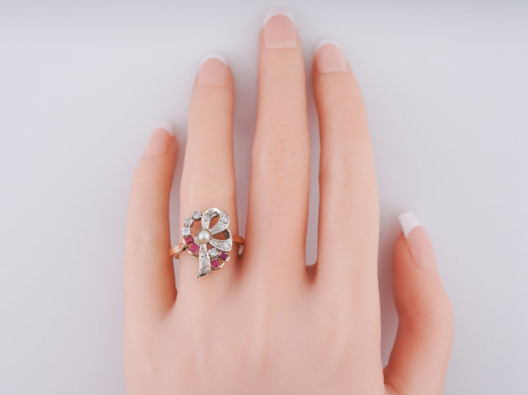 Vintage Right Hand Ring Retro .22ct Single Cut Diamond Ruby & Pearl in 14k Rose Gold