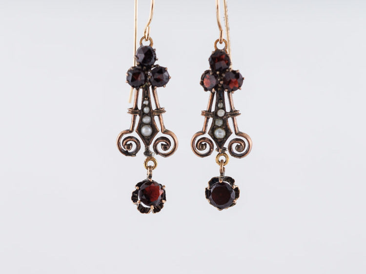 Antique Victorian Garnet & Seed Pearl Earrings in 14k Rose Gold