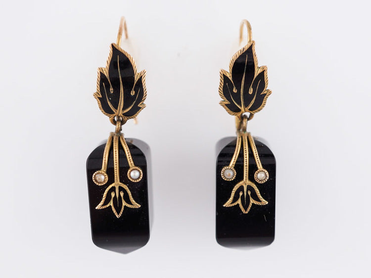 Antique Victorian Onyx and Seed Pearl Mourning Earrings in 14k Yellow GoldComposition: Platinum Total Gram Weight: 4.60 g