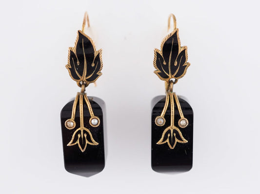 Antique Victorian Onyx and Seed Pearl Mourning Earrings in 14k Yellow Gold