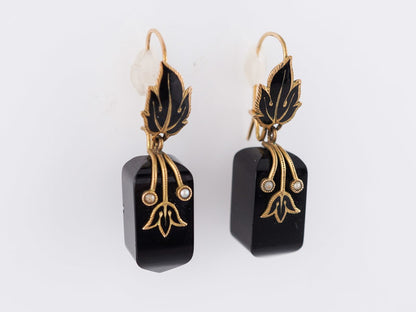 Antique Victorian Onyx and Seed Pearl Mourning Earrings in 14k Yellow Gold