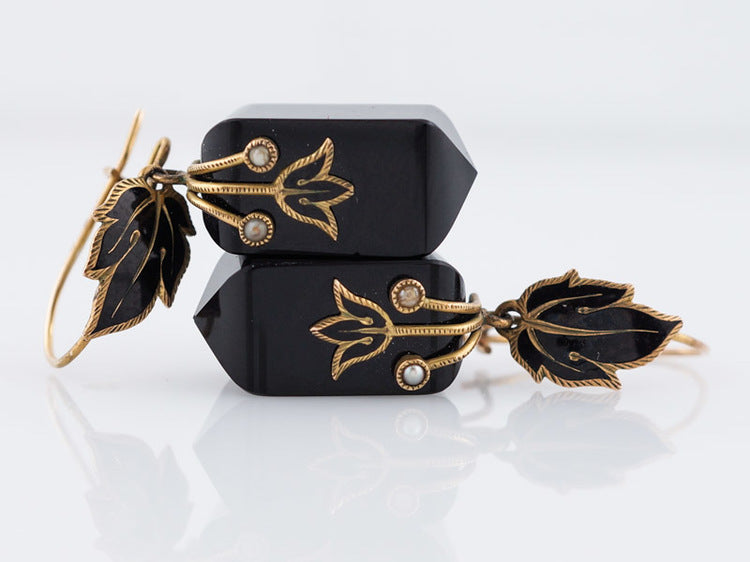 Antique Victorian Onyx and Seed Pearl Mourning Earrings in 14k Yellow GoldComposition: Platinum Total Gram Weight: 4.60 g